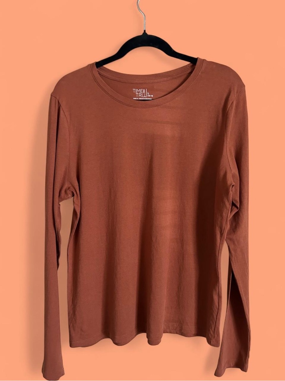 Time and Tru Olive Green & Rust Long Sleeve Crewneck Tops - Picture 2 of 8